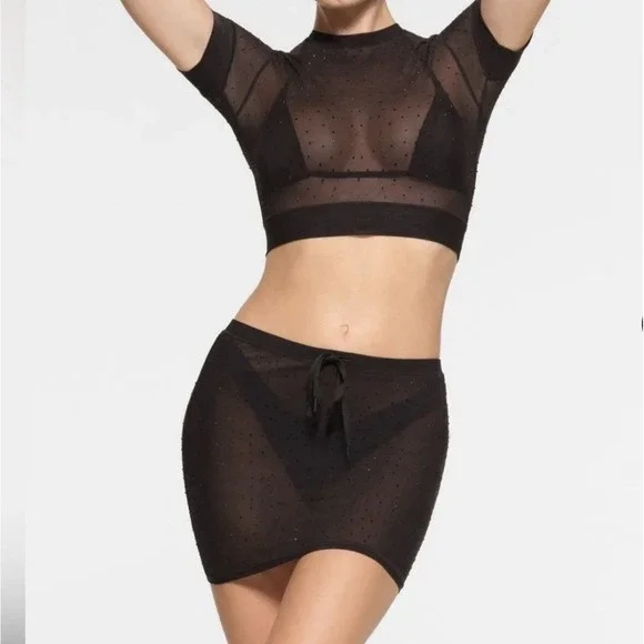 SKIMS Mesh Rhinestone Crystal Swim Cover Up Skirt Onyx Black Sz M‎