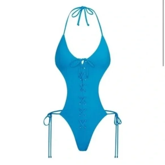 SKIMS (B13) 1 Piece Cut Out Halter ties lace up Monokini Swimsuit Turquoise 2X…