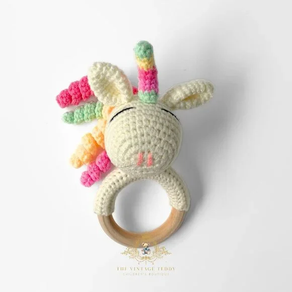 NWT - Cute Handmade Crochet Unicorn Baby Rattle Baby & Toddler Wooden Plush Toy