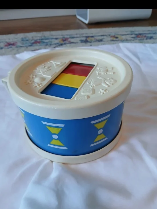 Vintage 1970s Fisher Price Round Drum Xylophone Child Toy, Red Blue Yellow