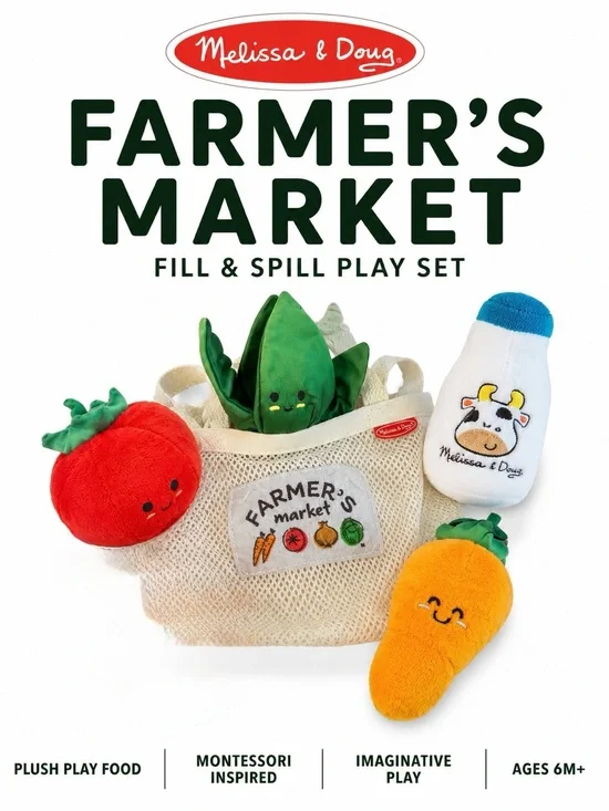 Melissa & Doug Farmer’s Market Fill & Spill Plush Play Food Set Mesh Tote Toy