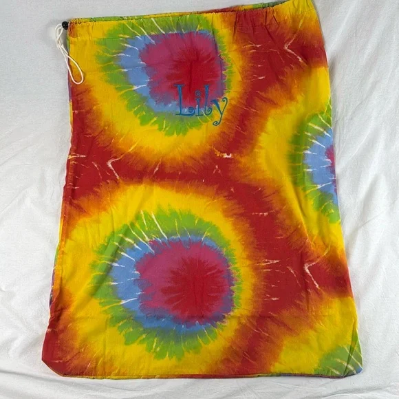 Colorful Large Tie-Dye Laundry Bag with “Lily” Embroidery - Great for Camp!