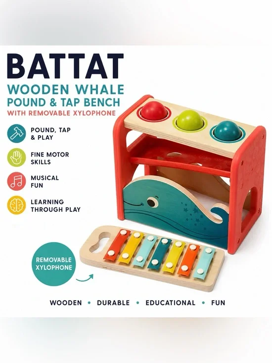 Battat Wooden Whale Pound & Tap Bench with Xylophone | Montessori Musical Toy