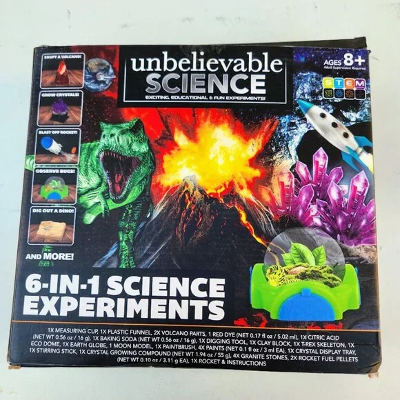 NEW Unbelievable Science 6 in 1 Experiments Set Kit Volcano Crystals Rocket
