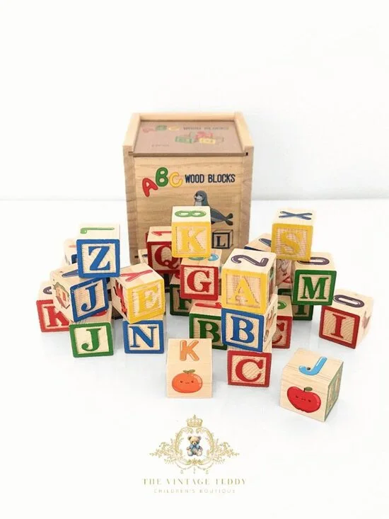 NWT Cute Wooden Alphabet Blocks Characters Fun Play Set Kids Early Learning Toys