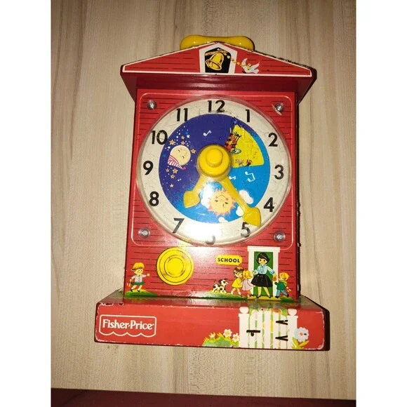 Vintage 1968 Fisher Price Music Box Teaching Clock Wind-Up Red Wood Works
