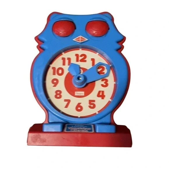 Sears Teaching Clock Vintage Little Learners Owl Blue Red Retro Educational Toy