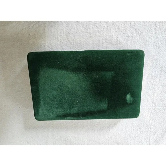 Vintage Green Velvet Jewelry Box Gold Tone Trim Ring Earring Trinket Storage