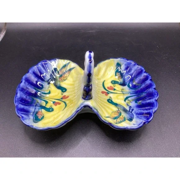 Vtg. Duck Divided Trinket Jewelry Dish w/ Handle - Hand Painted‎