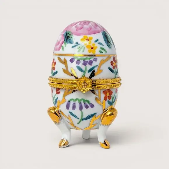 1980s Vintage Footed Porcelain Egg Floral Trinket Box