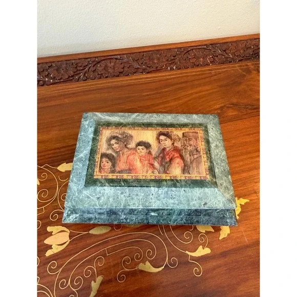 Vintage‎ Edna Hibel Marble Jewelry Box - Signed Green Stone Trinket Box