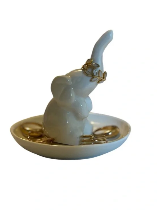 Ceramic Elephant Ring & Jewelry Dish - White with Gold Accents • brand new in bo