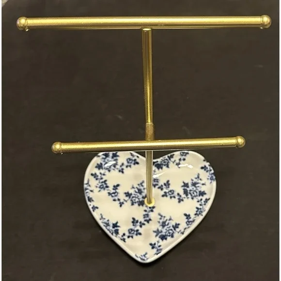Blue & White Floral Heart Jewelry stand Trinket Dish display