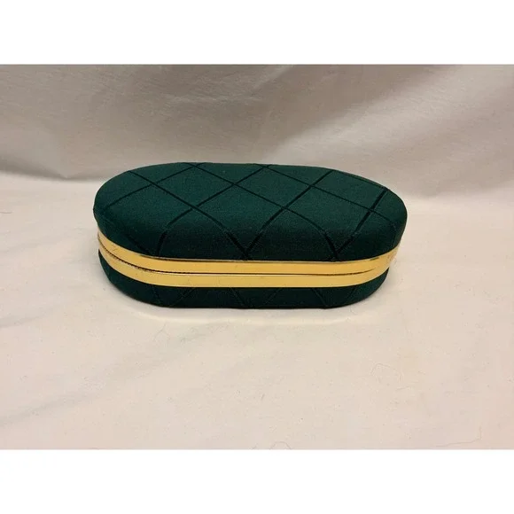 Vintage Green Quilted Jewelry Travel Case Gold Trim Mirror Ring Box Organizer