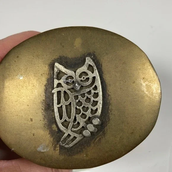 Vintage Brass Oval Trinket Box Filigree Owl Hinged Lid Patinated Rustic‎ Decor