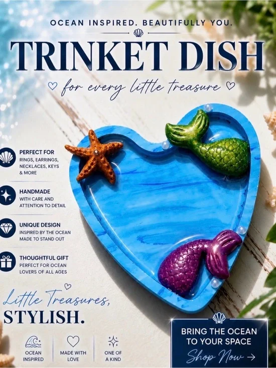 Heart-Shaped Ocean Trinket Dish with Mermaid Tail Accents