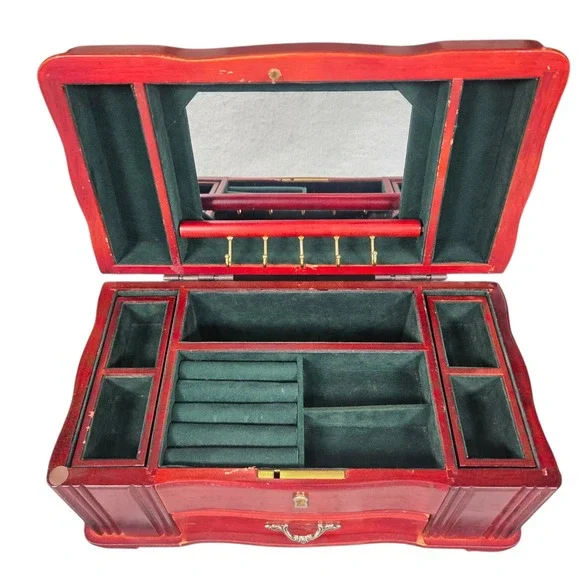 Vintage‎ Wooden Jewelry Box Women Large Cherry Red Green Velvet Lining