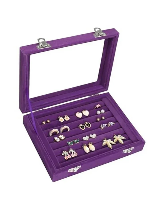 Velvet Jewelry Organizer Tray Glass Lid Ring Earring Display Storage Box Purple