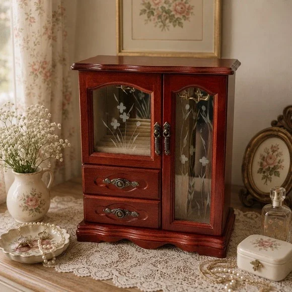 VTG 1980s Wooden Jewelry Box Glass Doors Storage Armoire Cherry Finish  Drawers