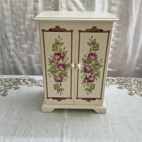 Vintage Avon Floral Wooden Jewelry Armoire Box Cream Pink Roses Cottagecore