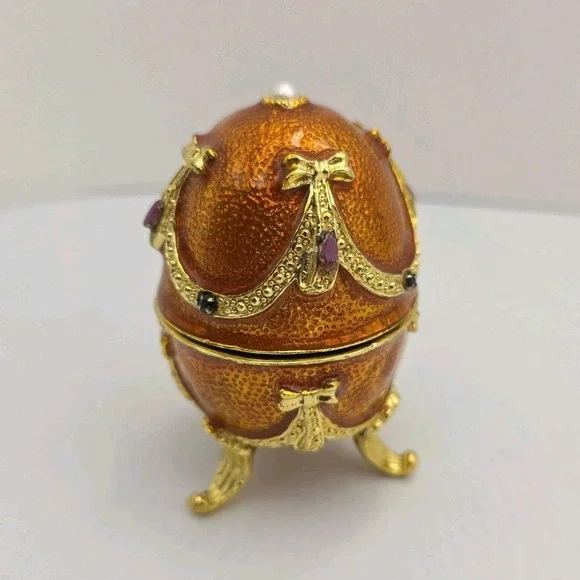VTG Musical Jeweled‎ Egg Trinket Box Faberge Egg-style Farmer In Dell Gold READ