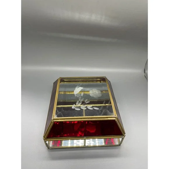 Vintage Red‎ Stained Glass Brass Jewelry Box Etched Hummingbird Floral Mirror