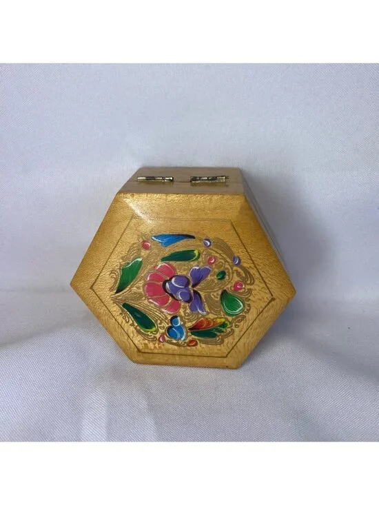 Vintage Polygon Shaped Wooden Trinket Box Painted Lacquer Floral Folk Art  1970s