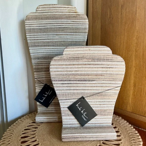 Set of 2 Nicole Miller Woven Necklace Holder Display Bust Beige & Brown Striped