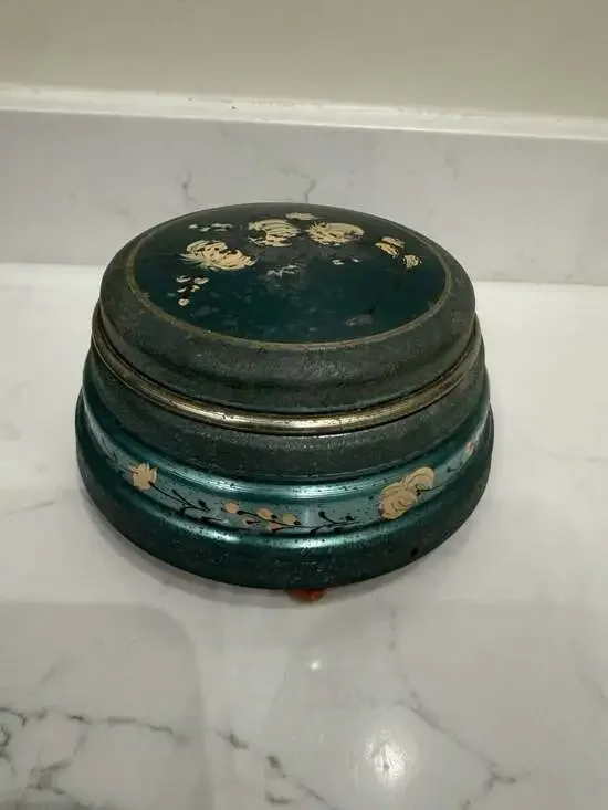 Vintage Hand-Painted Floral Metal Musical Trinket Box with Footed Base