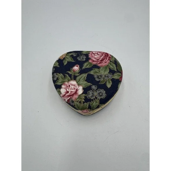 Vintage Navy Floral Heart Cloth Hinged Jewelry Box With Removable Pouch