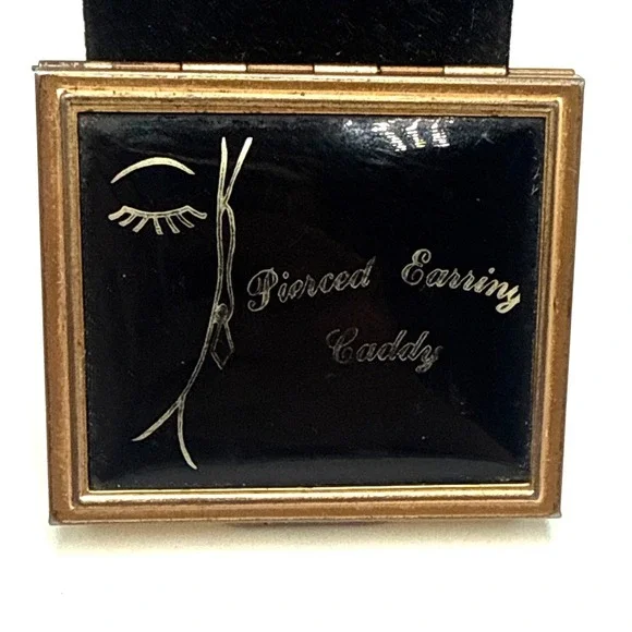 Vtg Pierced Earring Caddy Travel Case Black Enamel Gold Tone Compact Organizer