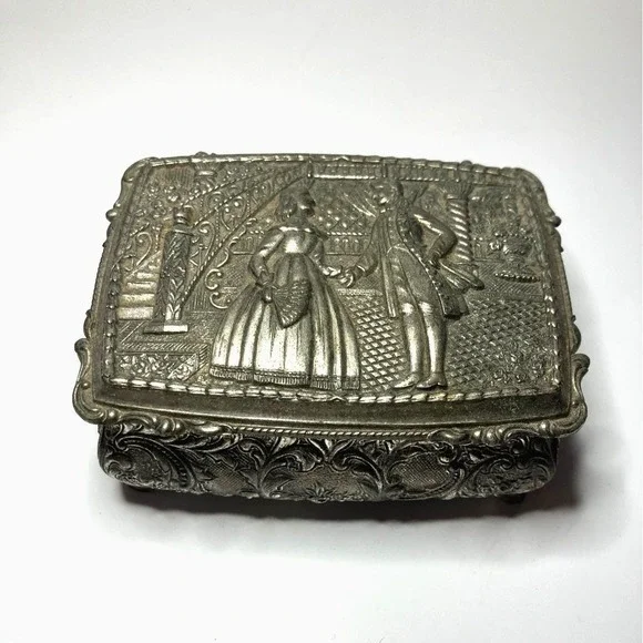Vintage Japan Ornate Silver Tone Jewelry Trinket Box Victorian Courting Velvet