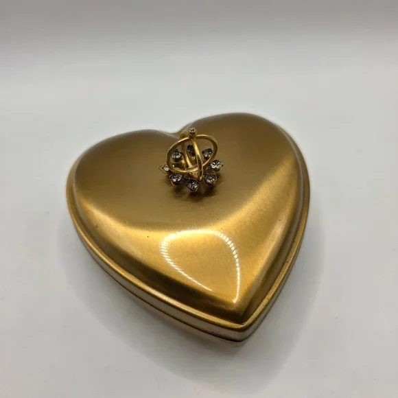 Vintage‎ Gold Heart Jewelry Box Rhinestone Crown Finial Hinged Trinket Case