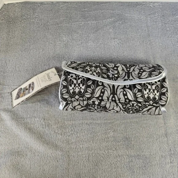 Black White Damask Brocade Jewelry Travel Case Organizer Roll Silver Trim NWT