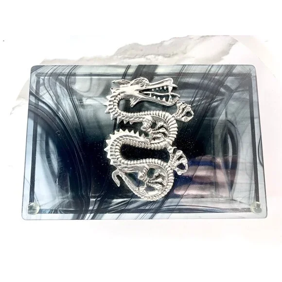 Glass Silver tone Dragon Swirl Jewelry Trinket Kheops  Box