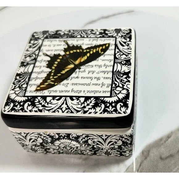 Swallowtail Butterfly ceramic Trinket Jewelry Box Black and White Demdaco