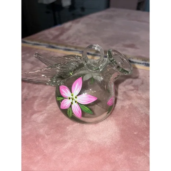 Hand Blown Parasol Recycled Glass Mini Winged Hummingbird Feeder. No Stopper.