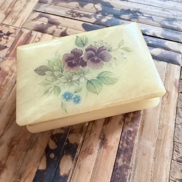 Vintage Genuine Alabaster Trinket Box - Made in Italy Hand-Painted Floral Motif
