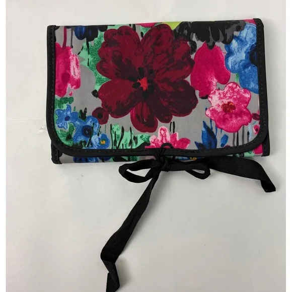 Thirty One Jewelry Travel Organizer Makeup Gray Floral Ribbon Tie Portable Wrap