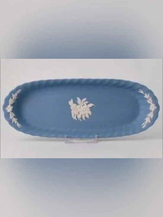 Blue Wedgwood Jasperware Oval Dish with White Relief