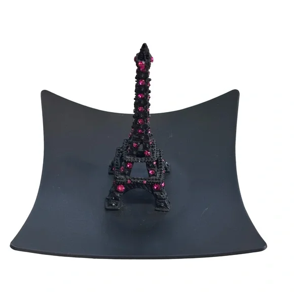 Black Eiffel Tower Trinket Dish with Pink Rhinestones‎ Ring Holder