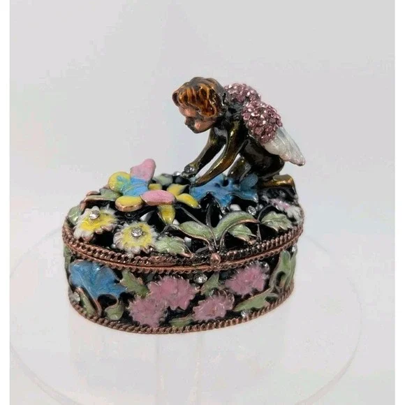 Bejeweled Cherub‎ Angel With Butterfly Floral Trinket Box