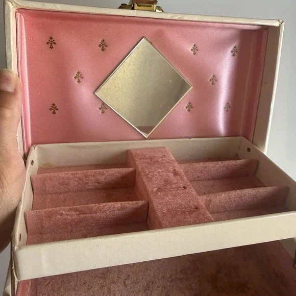 Vintage White Pink Velvet Lined Jewelry Box with Mirror