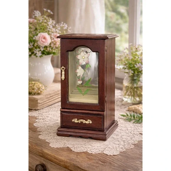 Vintage Wood Jewelry Cabinet w Floral Glass Door & Drawer‎ Cottagecore