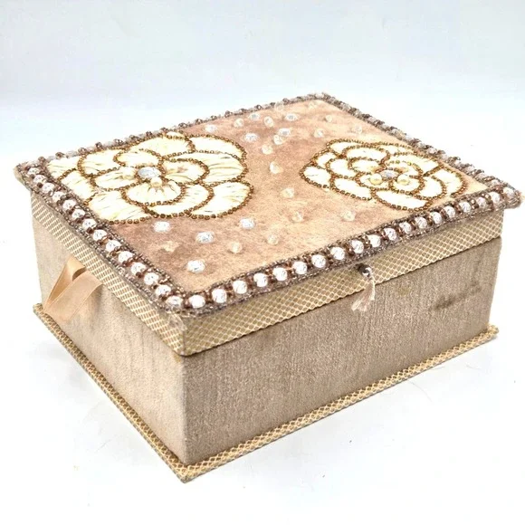 Velvet Floral‎ Embroidered Jewelry Box with Rhinestones Beads Sequins Design