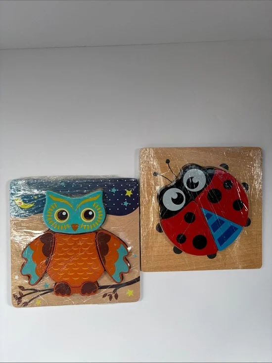 🧩 Wooden Toddler Puzzle Set – Owl & Ladybug | Like New