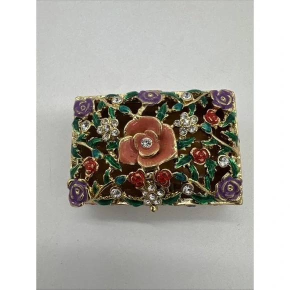 Metal & Enamel Trinket Box, Hinged with Magnetic Closure Floral Rhinestones