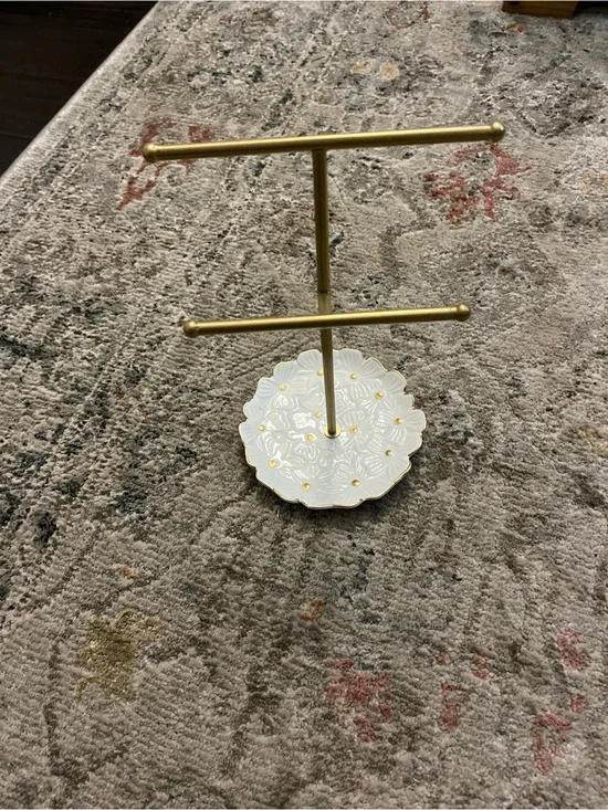 Gold Metal and White Ceramic Jewelry T-Bar Stand