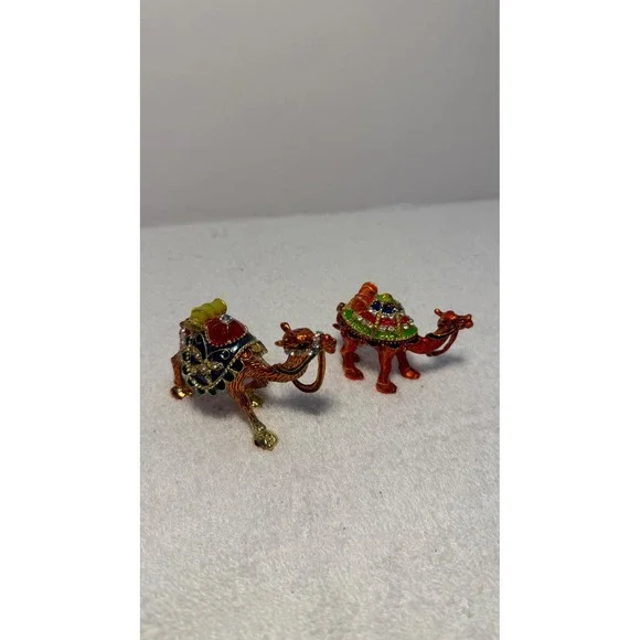 Vintage Style Enamel Camel Trinket Box Set Rhinestone Jeweled Hinged Figurines