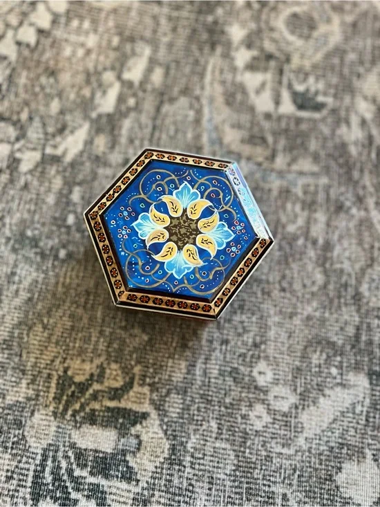 Vintage Style Persian Khatam Box Hexagon Wooden Jewelry Box Inlay Trinket Box